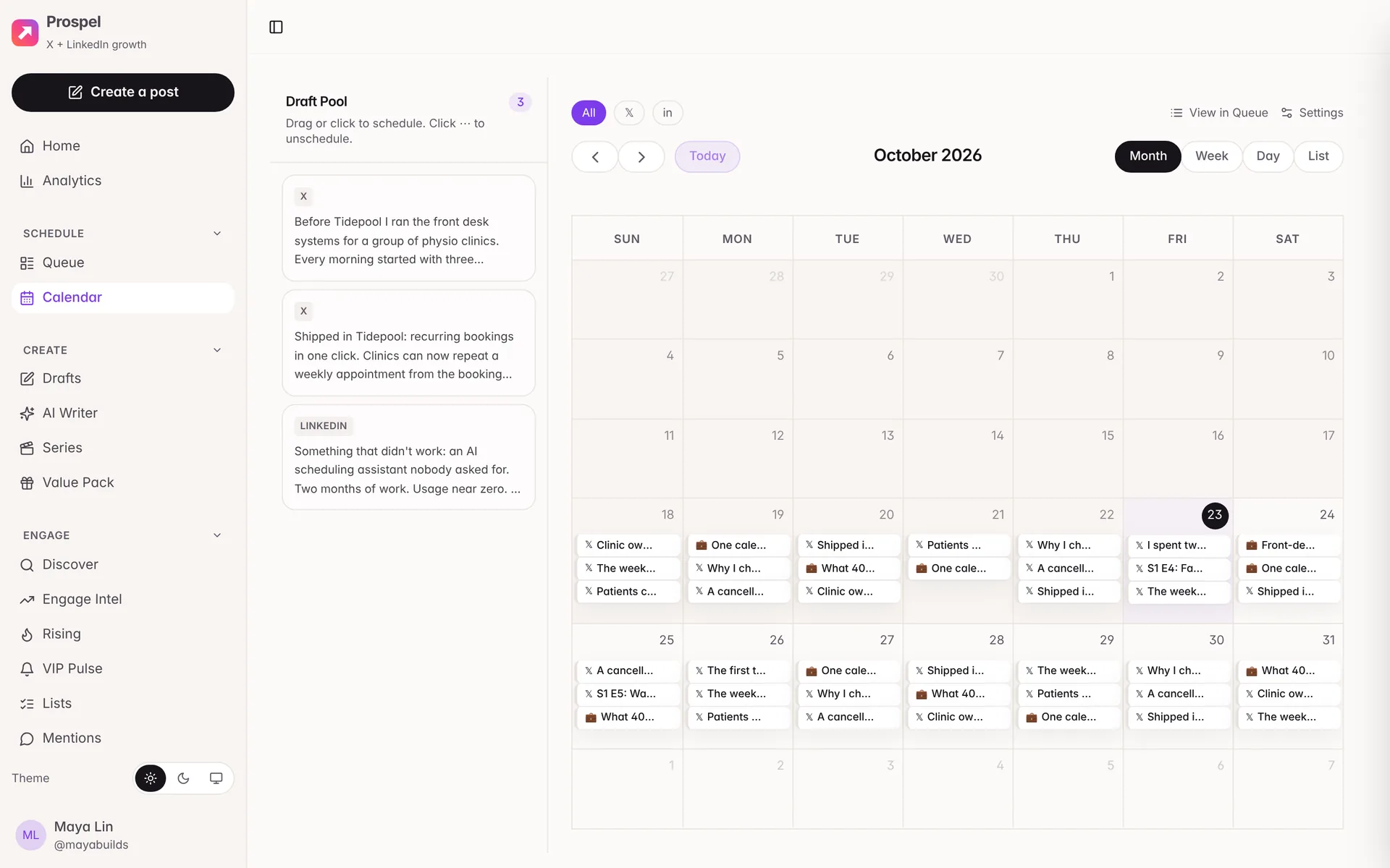 Prospel's publishing calendar with a month of scheduled X and LinkedIn posts
