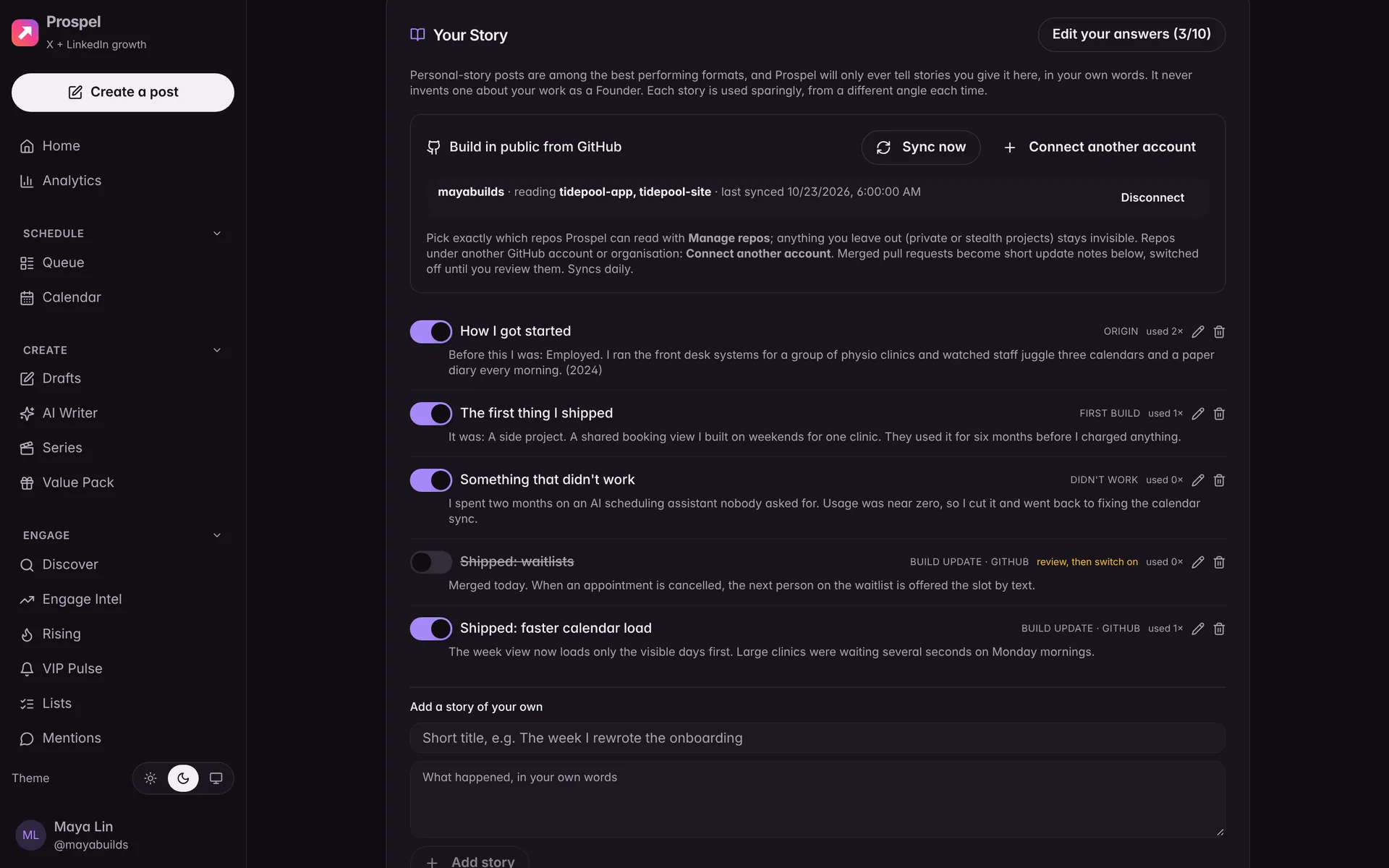 Prospel's Your Story page: true stories from an interview and from GitHub, each switched on or off